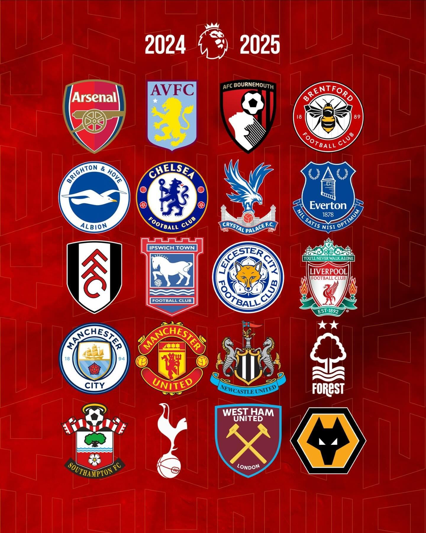 Graphic featuring all 20 badges of the clubs competing in the 2024-25 Premier League season.