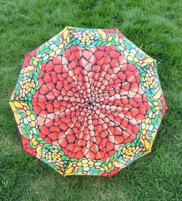 An umbrella pattered after a Tiffany lamp.