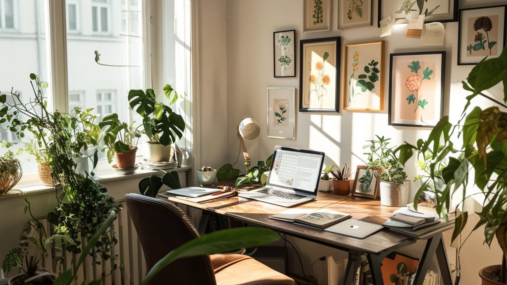 Image of a cozy corner office, there is a desk with papers, notebooks and a laptop. Above the desk are framed images of botanical prints. The desk is surrounded by plants and there is a huge window to the left of it.