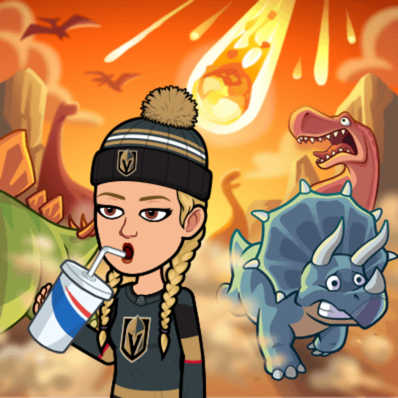 Bitmoji of the author casually slurping a drink while dinosaurs scream and flee from the apocalyptic fireballs raining down on them.