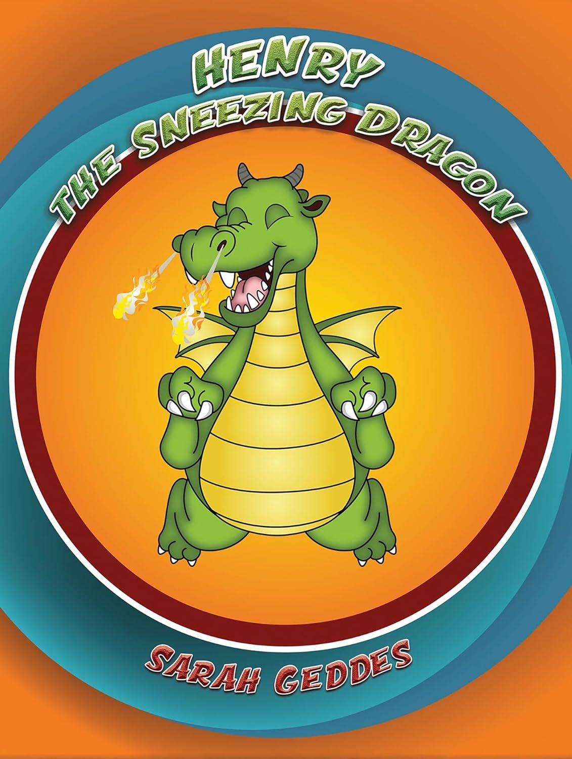 The cover of Henry the sneezing dragon, with a happy dragon snorting fire.