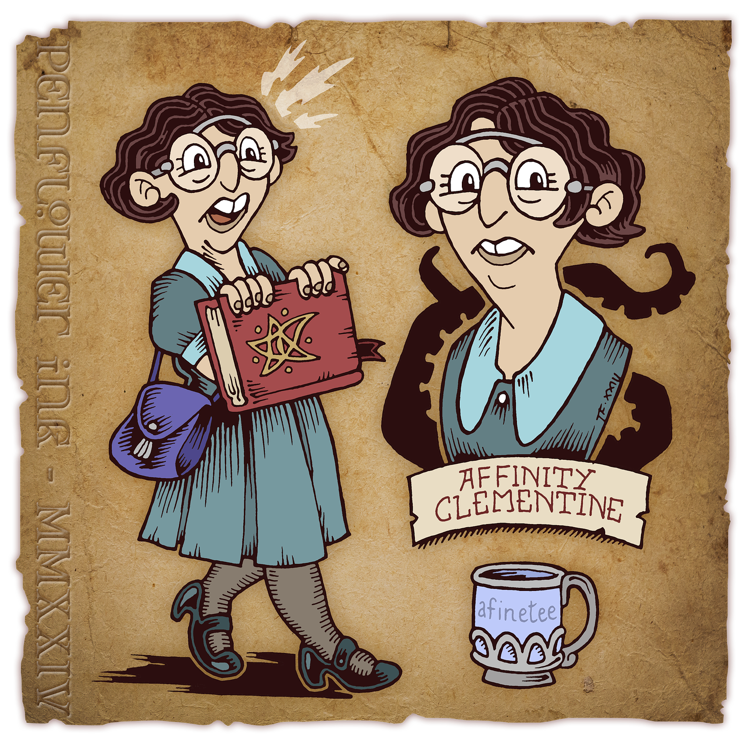 Traditionally hand-drawn and digitally coloured illustration of a young, mousy-looking woman in 1920s fashion. She is wearing a dark teal dress, grey tights and dark green kitten heel shoes, as well as large spectacles. Her dark brown hair is wavy and her front teeth are quite large. She is clutching a book of eldritch lore to her chest and backing away from something in horror. Also pictured is a small tea-mug, engraved with the word “afinetee”. 
