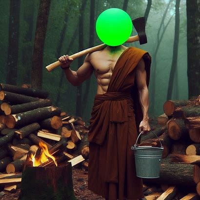 photo of a monk in the woods. He wears a monk's robe and is shirtless underneath, showing strong abs. He has an ax in one hand and a bucket of water in the other. There is a pile of chopped firewood nearby. The monk doesn't have a head but instead has a basic bright neon green sphere in its place. 