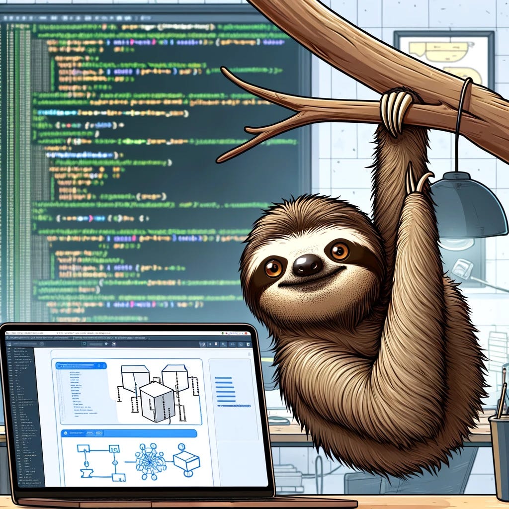 A sloth hanging from a branch, with a relaxed expression, in front of a simple and minimalistic tech setup, symbolizing the philosophy of keeping architecture simple and efficient. The background shows a clean workspace with a computer displaying basic code and diagrams.