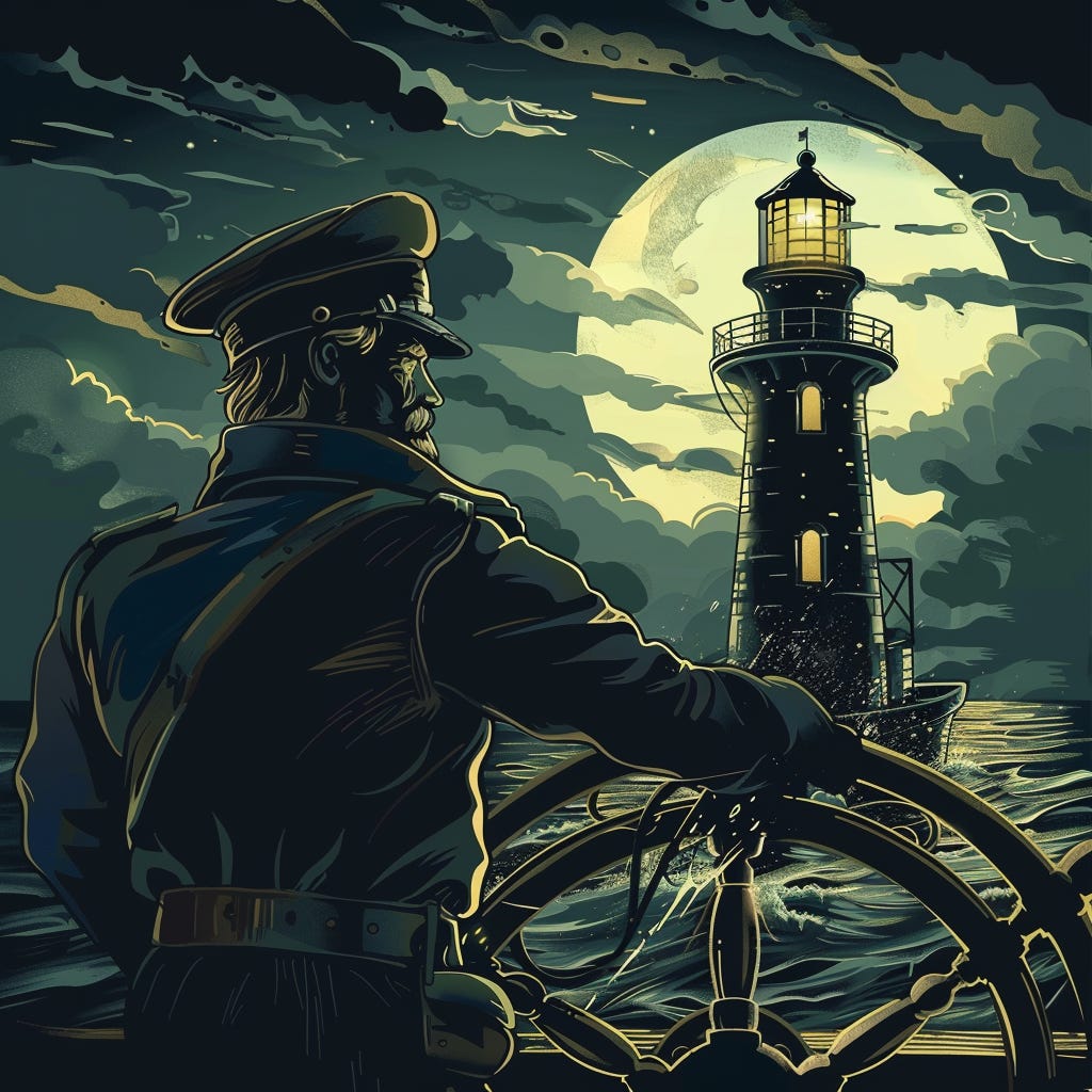 a ship captain navigate rough seas at night while looking at a lighthouse