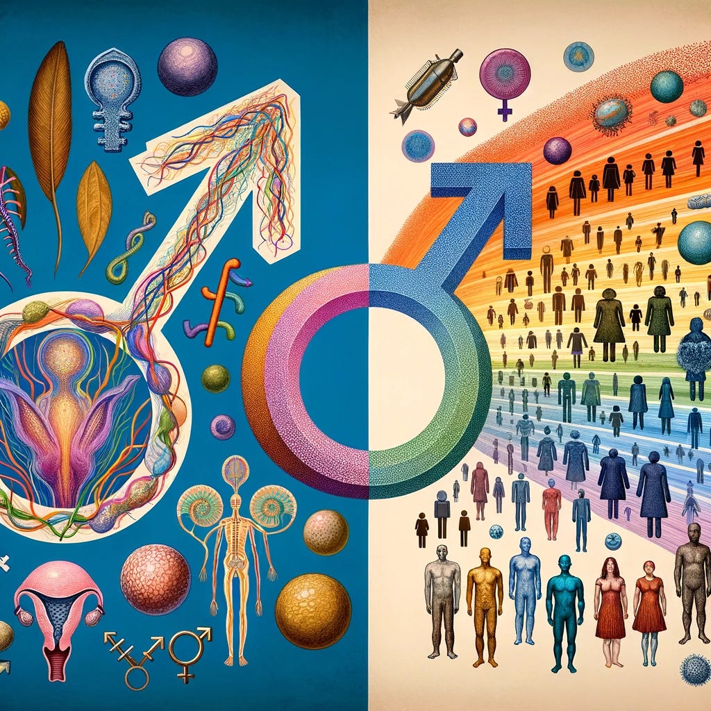 An educational illustration showing the biological concepts of sex and gender as described by biologists Mihaela Pavlicev and Günter Wagner. The image should depict two large visual metaphors: one representing male and female reproductive systems with a clear distinction between them, symbolizing the binary nature of biological sex; the other part shows a spectrum of human figures of various appearances and expressions, symbolizing the diverse spectrum of gender identities. This contrast highlights the difference between biological sex and gender identity, reinforcing the idea that while biological sex is binary, gender identity is a broader spectrum.
