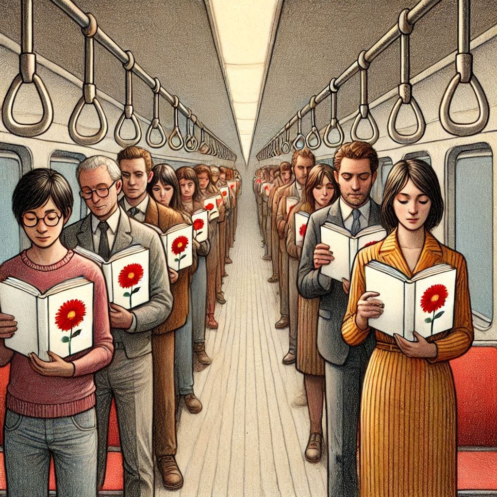 a long line of people, alternating men and women, standing at the same angle, who otherwise look exactly the same including clothes, standing in a subway car reading the exact same book that has the same white cover with the same simple red flower on it, to indicate the conformity in publishing and the book media, done in a pensive colored pencil professional illustration style