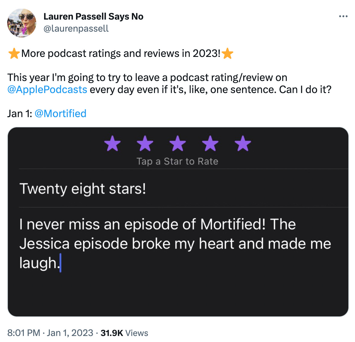 Tweet from Lauren encouraging more podcast reviews in 2023
