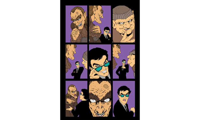 The same page of the Good Omens graphic novel digitally filled with colours closer to the final planned version.