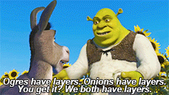 Shrek saying "Ogres have layers. Onions have layers. You get it? We both have layers."