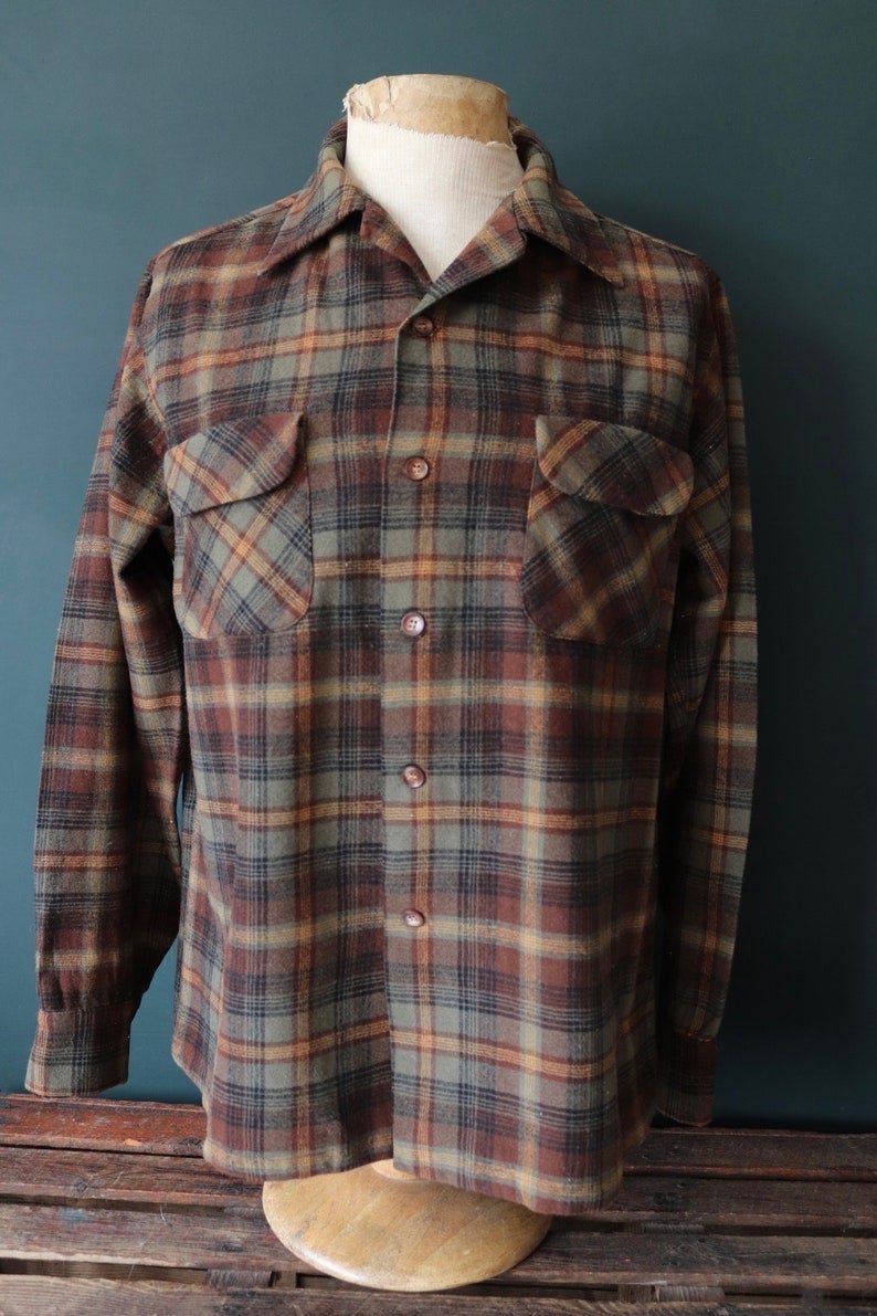 Vintage 1960s 60s Pendleton wool shirt green brown plaid checked board shirt surf Ivy League style mod 48 chest image 4