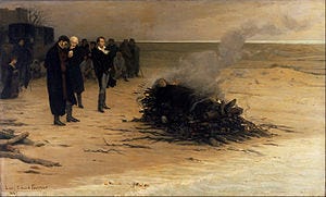 The Funeral of Shelley by Louis Édouard Fournier (1889). Pictured in the centre are, from left, Trelawny, Hunt, and Byron. In fact, Hunt did not observe the cremation, and Byron left early. Mary Shelley, who is pictured kneeling at left, did not attend the funeral.