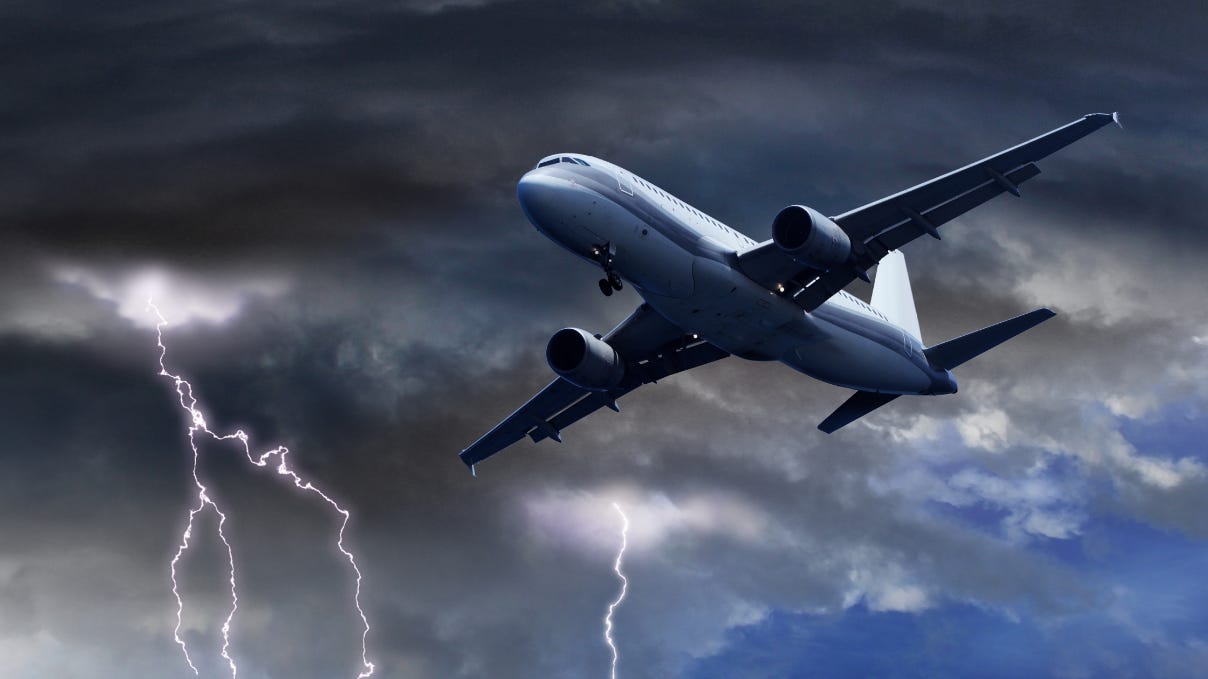 A plane in the sky with lightning

Description automatically generated