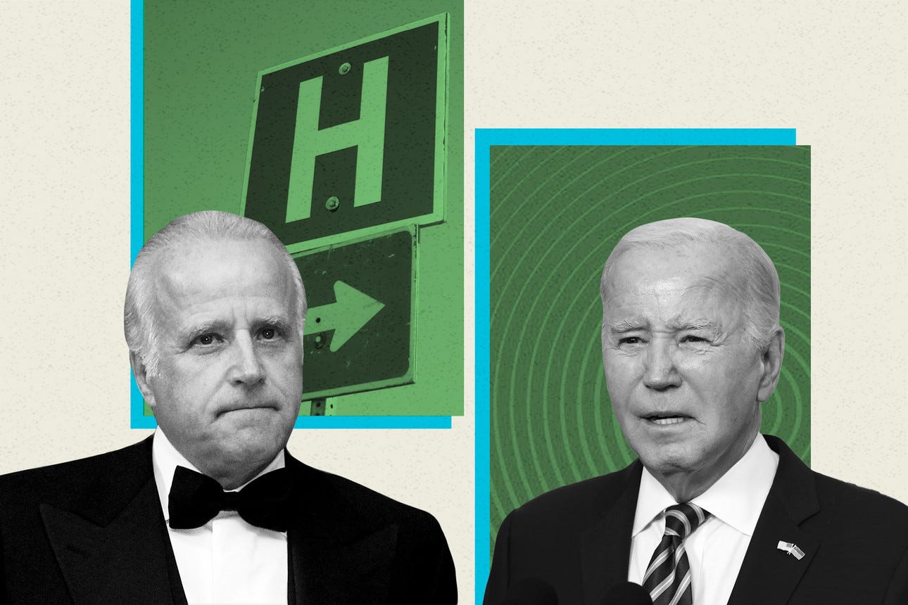 Jim Biden (left) in front of a hospital sign and Joe Biden (right) in front of ripple lines. 