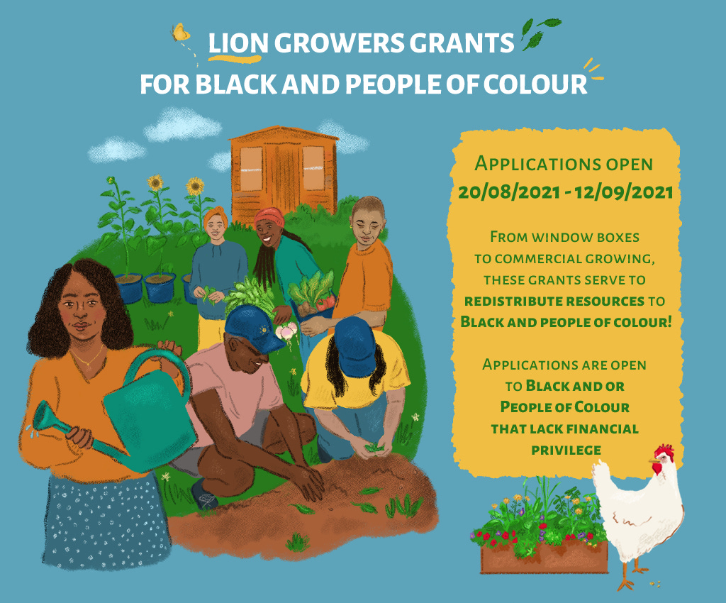 LION Growers Grants For Black and People of Colour. Applications open 20/8/2021 - 12/9/2021. From window boxes to commercial growing, these grants serve to redistribute resources to black and people of colour. Applications are open to black and or people of colour that lack financial privilege. Below this text is an image of a window box full of flowering plants and a little white chicken. To the left of the text is a group of people of colour of different ages and ethnicities watering plants, weeding and planting out vegetables.