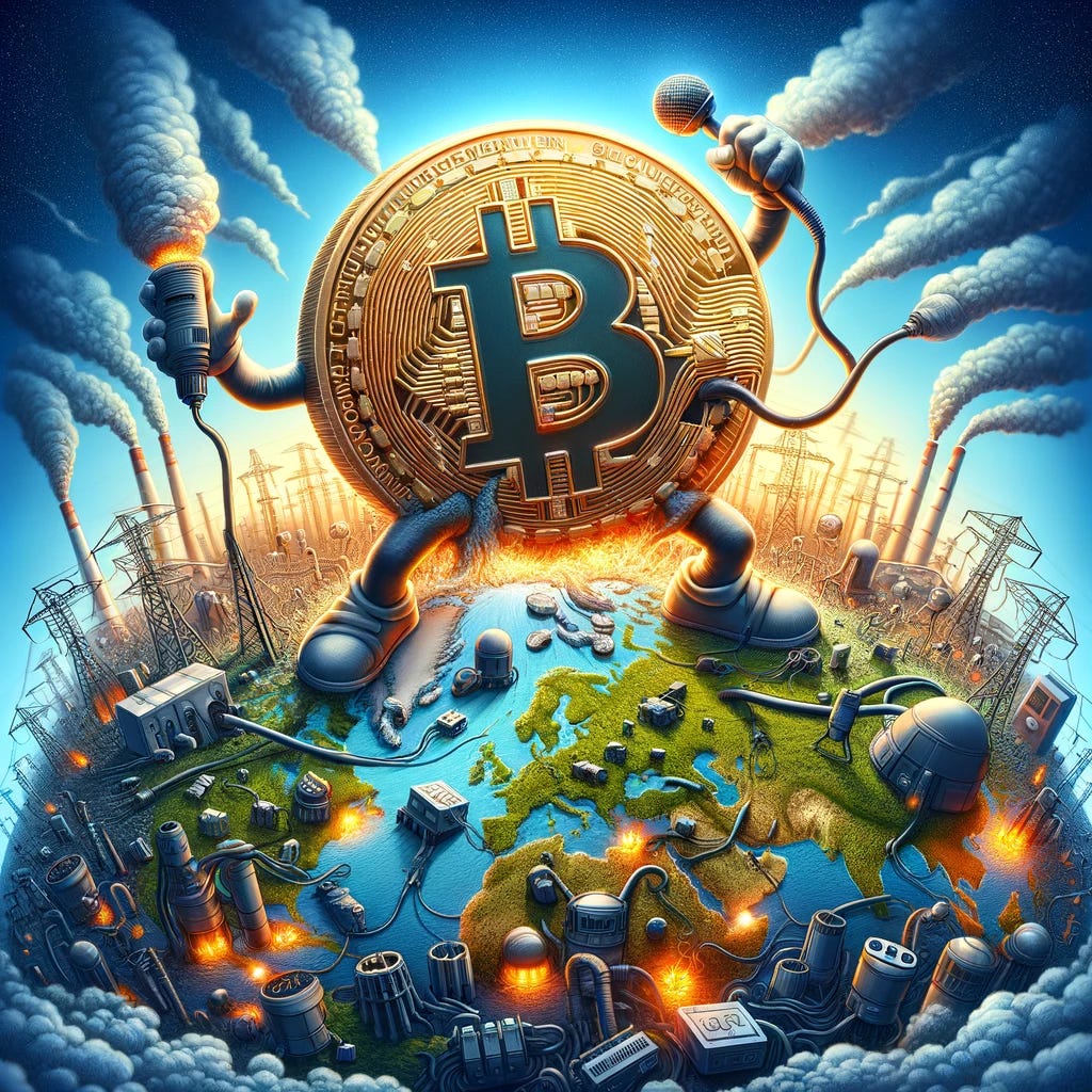 An imaginative illustration showing Bitcoin as a symbolic figure consuming all the world's electricity. The artwork should depict Bitcoin represented by a giant coin or character, engulfing or connected to various sources of global electricity such as power lines, power plants, and electric grids. The scene should creatively express the idea of Bitcoin's energy consumption being on a massive scale, visually exaggerating the concept that Bitcoin is using a significant portion of the world's electricity. The tone should be metaphorical and visually striking.