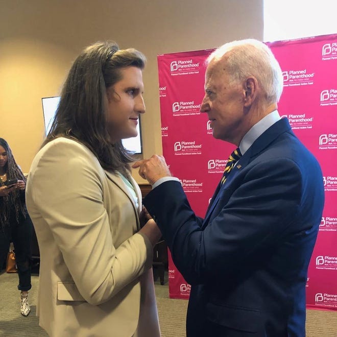 Charlotte Clymer and Joe Biden at a Planned Parenthood Action Fund presidential forum in Columbia, S.C. on June 22, 2019.