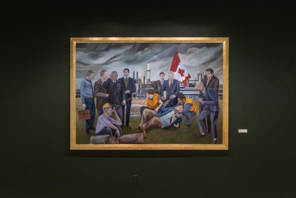Many different kinds of Canadian men are represented in a dramatic painting. One of them has fallen is being cared for by some of the others.