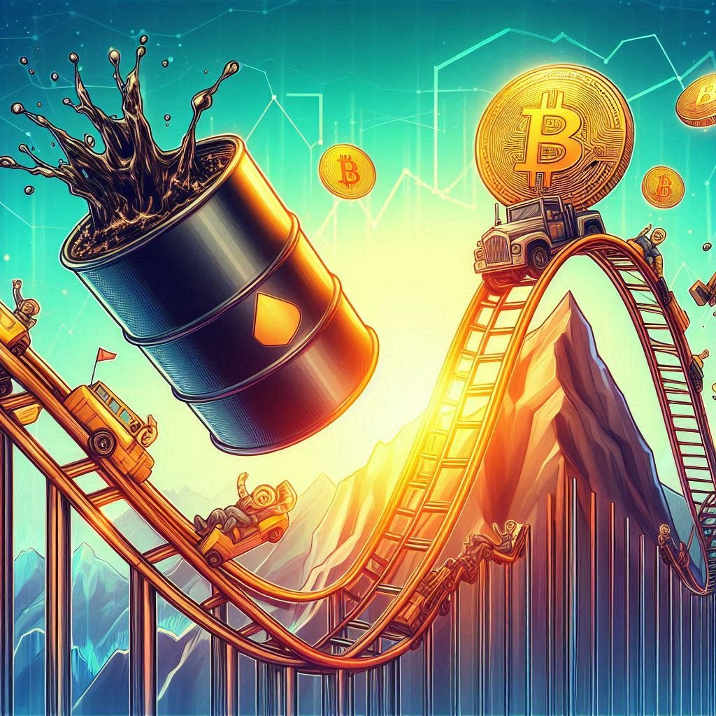 Una imagen imaginativa que represente el petróleo tambaleándose y subiendo, mientras las criptomonedas alcanzan un nuevo pico. Podría incluir elementos como un barril de petróleo en una montaña rusa y monedas digitales flotando hacia la cima de una montaña.