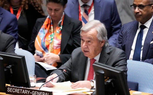 Antonio Guterres ENSZ-főtitkár felszólal a Biztonsági Tanács ülésén az Egyesült Nemzetek Szervezete székhelyén, 2023. október 24-én. (Seth Wenig/AP)
