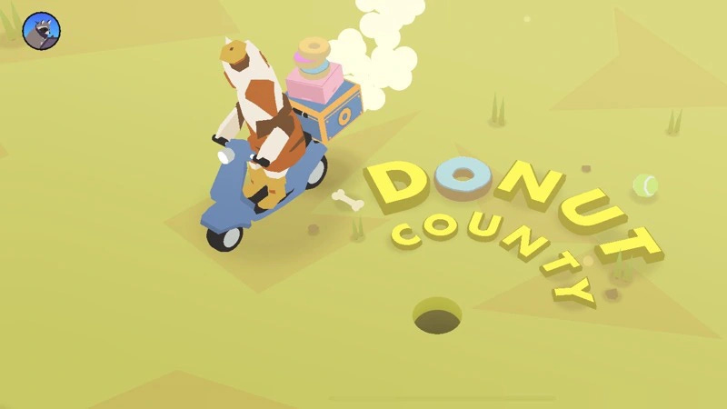 A bird on a motor scooter looking at a small hole in the ground. The words "Donut County" arc across the image. A bird on a motor scooter looking at a small hole in the ground. The words "Donut County" arc across the image.