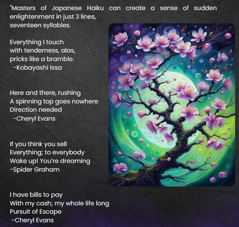 infographic of haikus that are in the text of the article and an illustration of a Japanese Cherry Blossum Tree