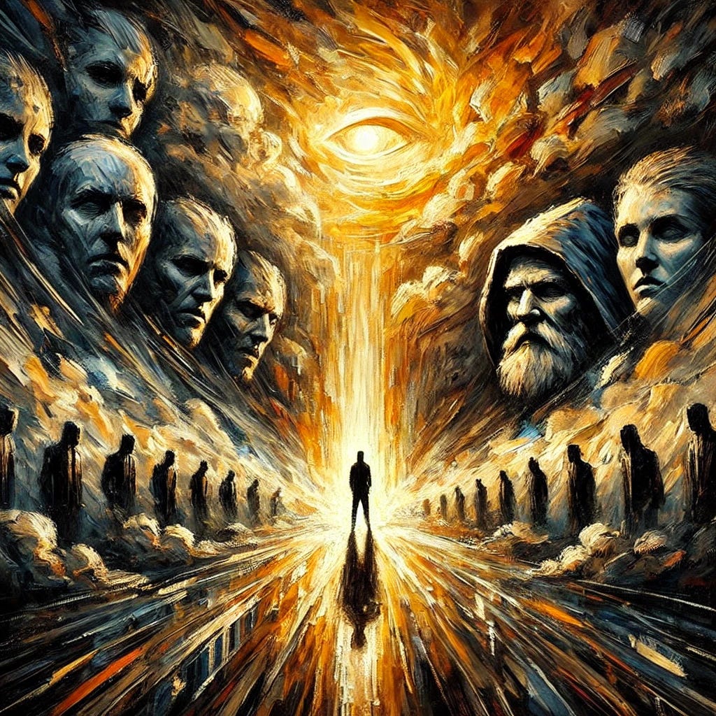 A powerful oil painting with thick, expressive brush strokes depicting the clash between truth and deception. In the center, a lone figure stands resolute, illuminated by a golden light, symbolizing knowledge and awakening. Surrounding them, shadowy figures with obscured faces represent institutional deception and hidden agendas. In the background, swirling storm clouds contrast against bursts of warm, revealing light, symbolizing the struggle for truth amidst misinformation. The painting conveys intensity, movement, and a deep emotional resonance with themes of resistance, exposure, and enlightenment.