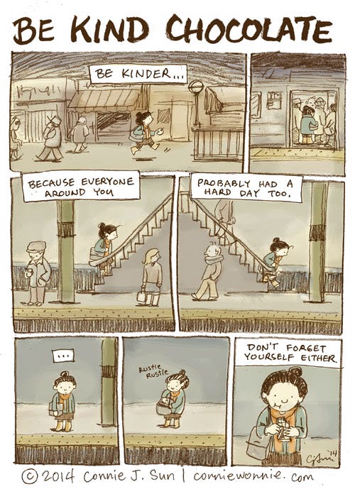 Single-page comic strip about being kinder to those around you and to practice being kind to yourself too. Original artwork by Connie Sun, cartoonconnie, 2014.