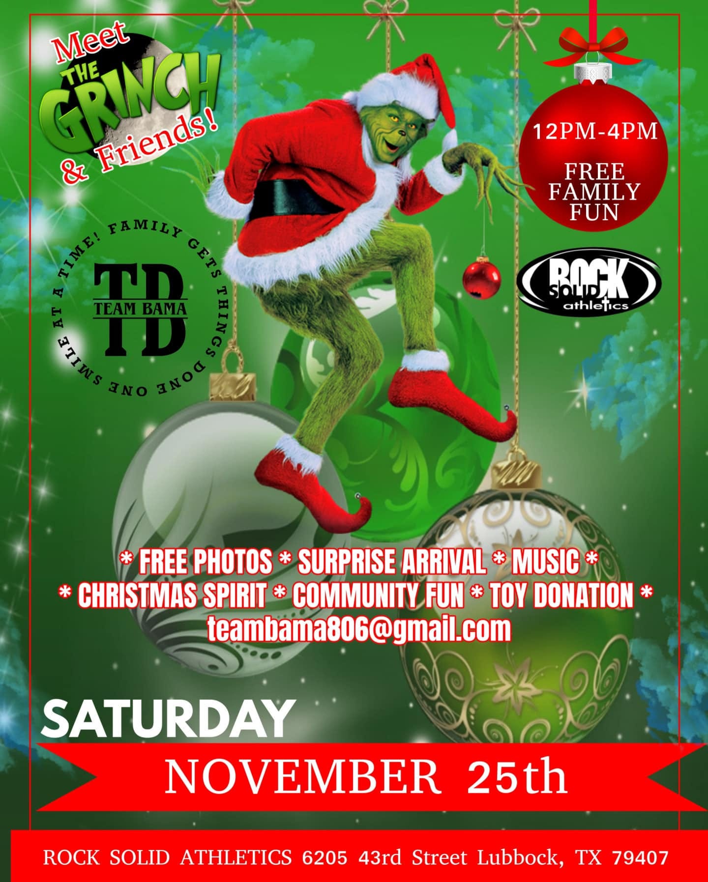 May be an image of christmas tree and text that says 'Meet #11 THE Friends! FAMILY TD GETS TEAMBAA 12PM-4PM FREE FAMILY FUN BOCK athlefics FREE PHOTOS * SURPRISE ARRIVAL MUSIC *CHRISTMAS SPIRIT* COMMUNITYFU * ΤΟΥ DONATION* teambama806@gmail.com SATURDAY NOVEMBER 25th ROCK SOLID ATHLETICS 6205 43rd Street Lubbock, TX 79407'