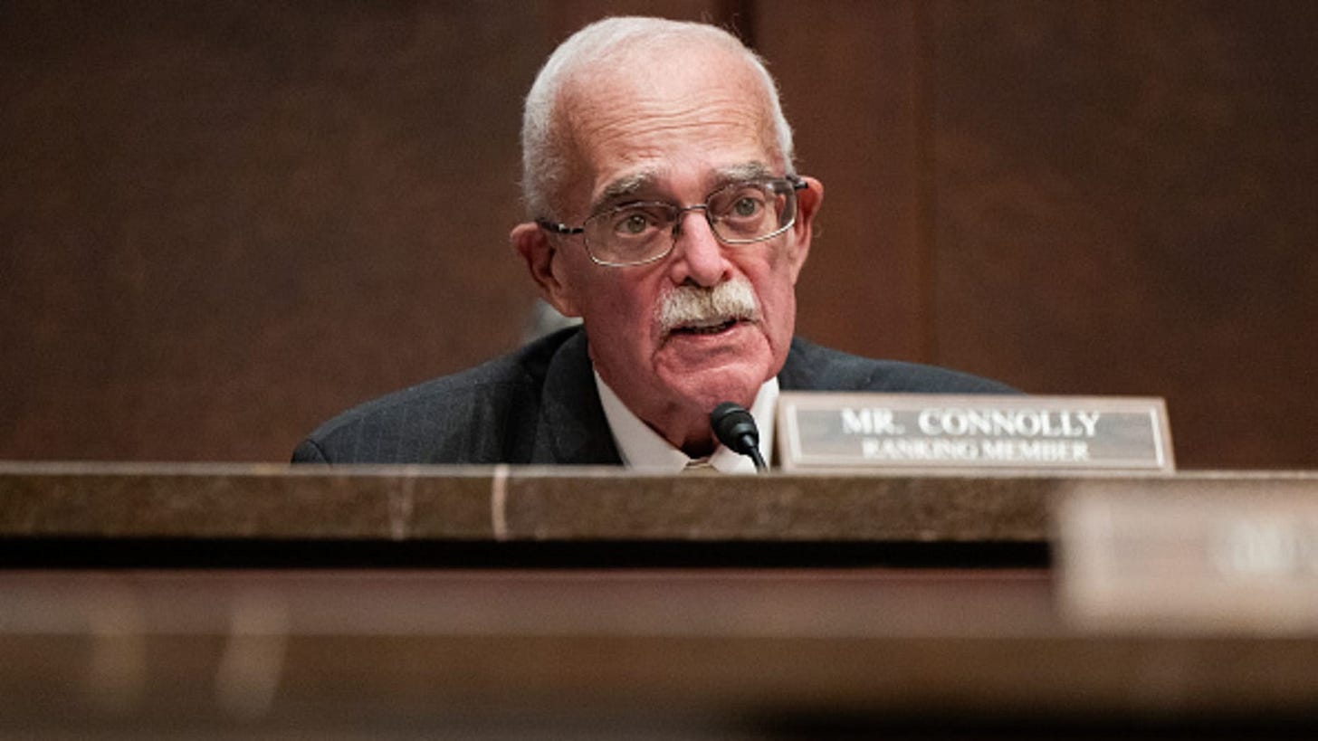 WASHINGTON, DC- MARCH 5: Congressman Gerry Connolly (D-VA) questions witnesses during a House Committee on Oversight and Government Reform hearing titled "A Hearing with Sanctuary City Mayors" in Washington, DC on March 5, 2025. (Photo by Nathan Posner/Anadolu via Getty Images)