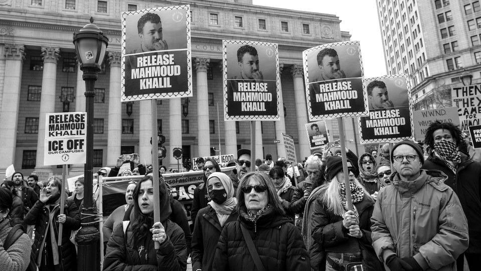 Hundreds turn out outside a New York court to protest the arrest and detention of Mahmoud Khalil, a green-card holder and recent Columbia graduate who played a role in pro-Palestinian protests at the university.