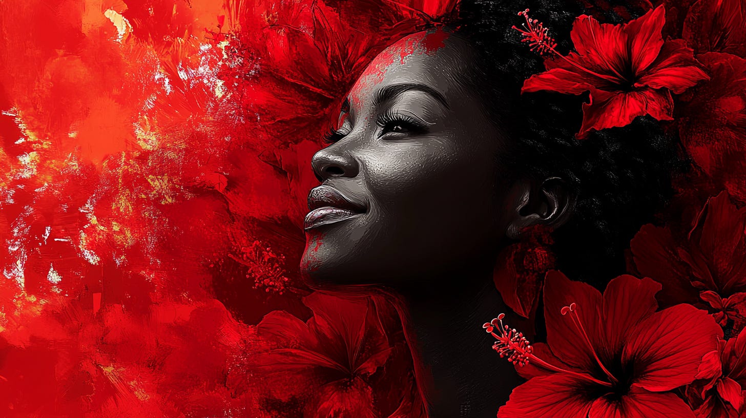 abstract rendering on: create an image of a gorgeous middle-aged black woman, theme of red, scarlet, hibiscus. top half of the frame is color only, lower half of the the page is the image of the woman. she is happy, static, confident.