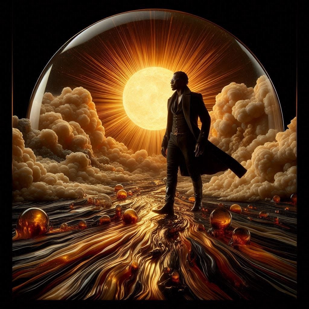 resin sun inside glass; tiltshift /flying at angles/ 8d angled glass embedded /beautiful, heroic, strong handsom black man/ velvet blonde, cream, ivory long coat/ black leather boots. water in resin/ ; he is at Monks mound at Cahokia / amber cream,tsunami full of fire/ reverberating waves. black hole in floor/ water in resin verdigris/ In the style of Michael Parkes. black etching/ black linework/ daytime sky/fluffy clouds 