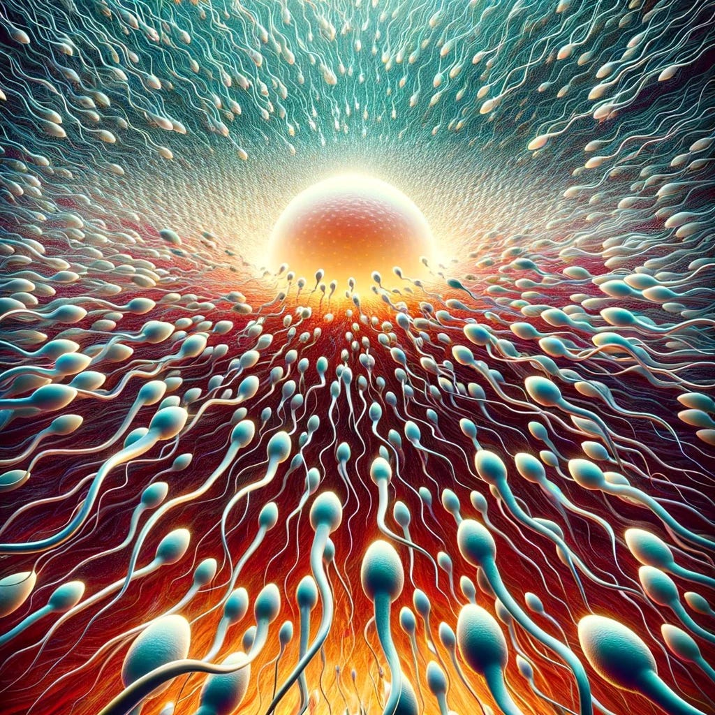 A zoomed-out, even more abstract and stylized depiction of an enormous multitude of sperm cells, each illustrated as tiny, dynamic figures, racing towards a single egg. This grand perspective showcases the egg as a glowing, radiant orb at the center, surrounded by a vast sea of sperm cells that extend to the edges of the image, symbolizing the sheer number involved in the race for fertilization. The scene is set within a metaphorical interpretation of the human body, depicted through even more expansive and vividly colored organic textures, suggesting the vast and complex environment in a non-explicit, artistic manner. This image aims to visually capture the grand scale of the fertilization process, emphasizing the incredible number of sperm participating, with a few leading the race, highlighting the competitive nature of this biological event.