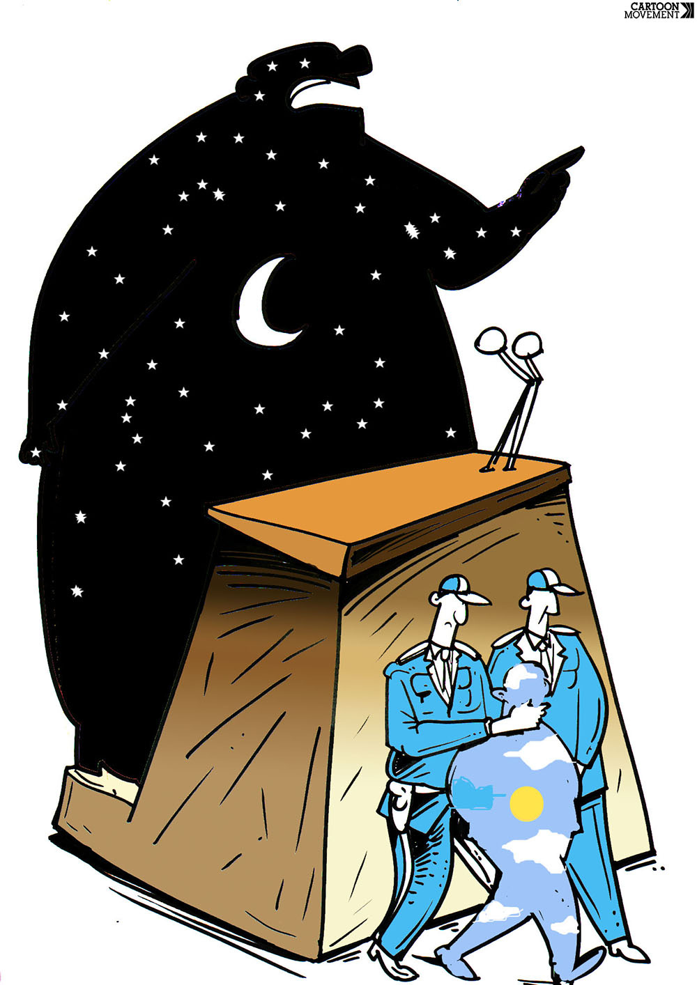 Cartoon showing a large figure holding a speech behind a lectern, while a small man is being escorted away by two police men. The large figure holding the speech is a black silhouette with stars and a moon inside, while the smaller figure that is arrested is a light blue silhouette with a sun and some clouds inside.