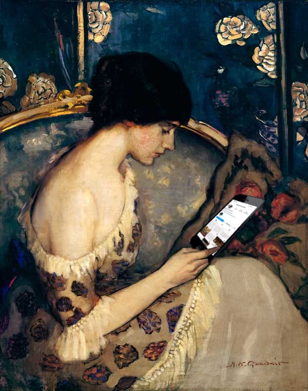 Painting by Agnes Goodsir of a woman reading a letter edited to have an iphone with the dilemmas of meaning instagram page open