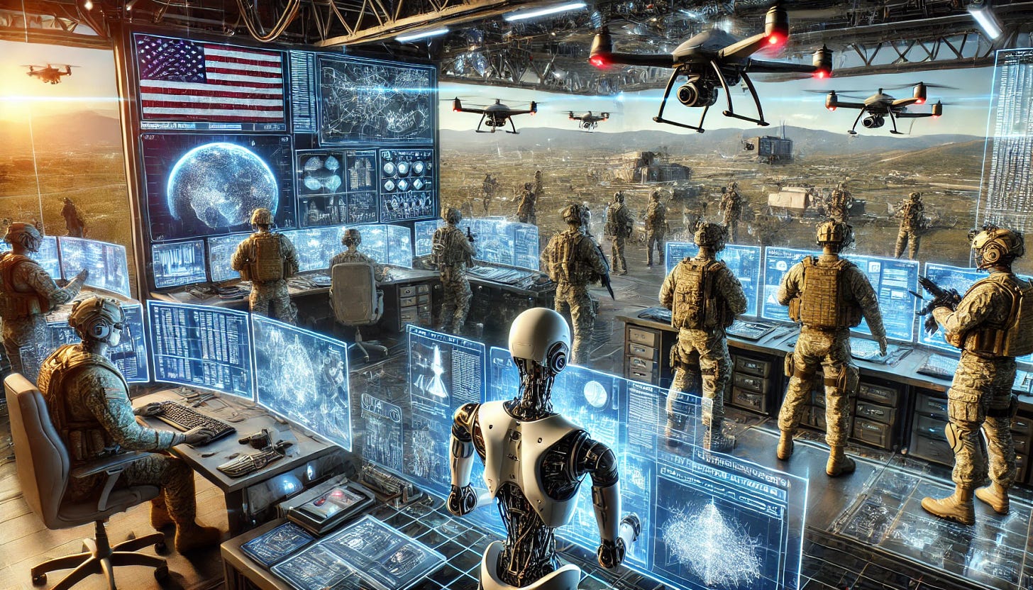 A detailed depiction of artificial intelligence being utilized in the US military. The scene includes soldiers in advanced gear working alongside AI-driven robots and drones. The setting is a high-tech command center with multiple screens displaying real-time data, maps, and strategic information. AI robots are seen analyzing the data and assisting in planning. Drones equipped with advanced sensors and weapons are flying above, while autonomous vehicles are patrolling the area. The soldiers and AI systems are seamlessly integrated, showcasing a futuristic and efficient military operation.