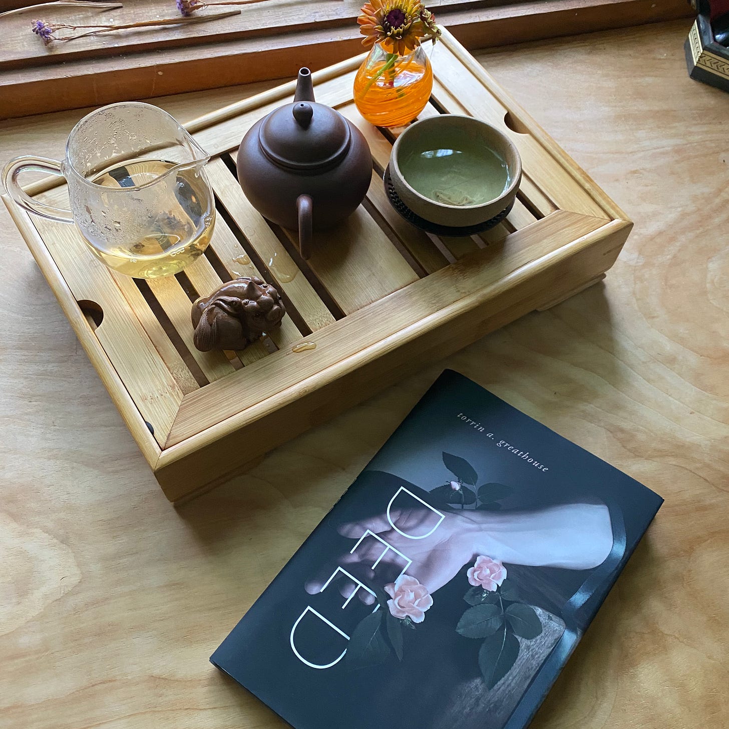 Deed sits on a desk next to a tea tray with a glass pitcher of tea, brown tea pot, small shallow cup, and an orange glass vase with a zinnia in it.