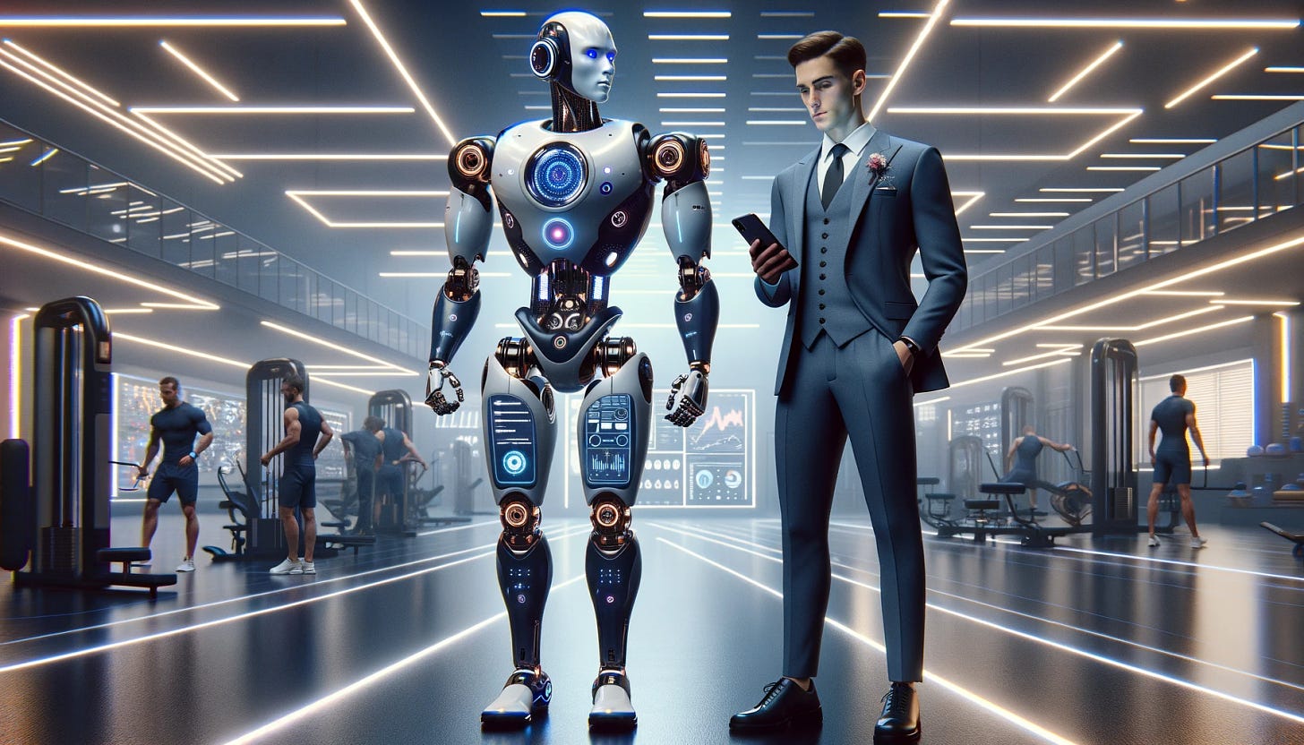 In this scene, two figures stand prominently in a futuristic training environment. One is a robot-trainer, designed with a sleek, modern aesthetic, embodying the pinnacle of robotic engineering with a hint of human-like formality to mirror its role as a mentor. This robot is equipped with various interfaces and displays on its body, showcasing its advanced capabilities in coaching and analysis. Beside it, a human athlete, sharply dressed in a suit jacket, embodies the blend of traditional professionalism with the pursuit of athletic excellence. The athlete holds a smart device, possibly reviewing performance metrics or training schedules provided by the robot-trainer. The backdrop is a state-of-the-art facility, filled with cutting-edge training equipment and illuminated by soft, futuristic lighting, emphasizing the blend of high fashion and high performance.
