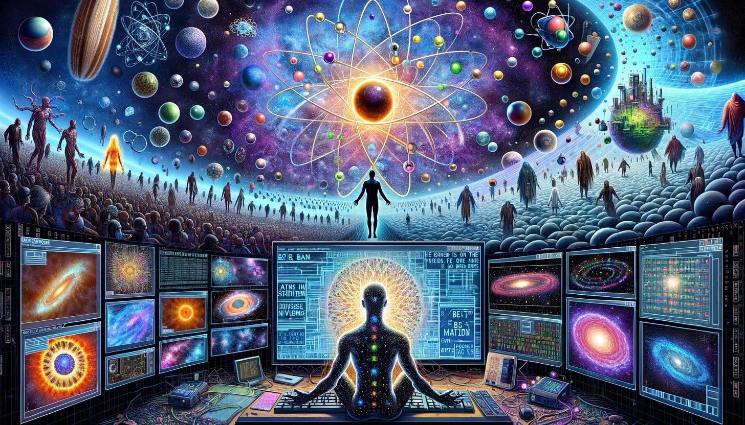 Create an image where the top half illustrates the concept of being in a simulation with the Big Bang as the 'on' button. Visualize atoms as bits, and depict the multiverse theory with various universes running in parallel on the same cosmic hardware. Include representations of some beings as NPCs and others as characters ported in from outside the simulation. The style should blend elements of digital and cosmic imagery to convey a sense of vast interconnected simulations, capturing the essence of a simulated universe where reality and digital existence intertwine.