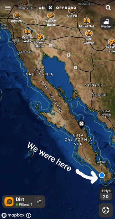 a map showing the Baja Peninsula, with a blue dot near the southern tip and the words "we were here"