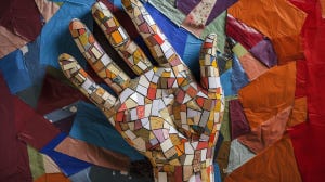 “Crazed Ambition,” collaboration between Johnny Profane Au and Dall-E 3. Centra figure is a human hand represented by a 3D ceramic mosaic of tiny, colorful pottery shards, On a wrinkled wrap paper background,