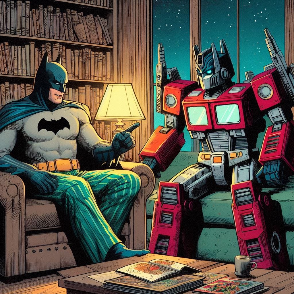 batman in pijamas talking to a transformer in a library. drawing in american comics style