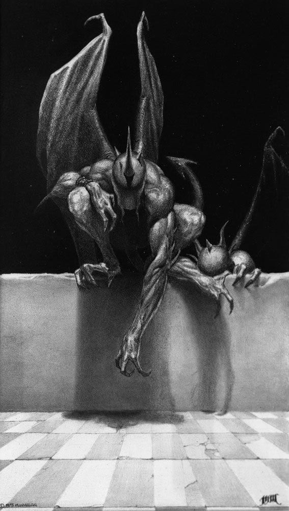 Against the black of night, a faceless demon crouches on the ledge of a balcony, pausing to stare straight forward with one arm dangling down. The crown of its head is peaked with three smaller spikes surround a long horn positioned to gore. Its wings fold behind as the arrow tip of a barbed tail teases into view. Another demon scrabbles for purchase sinking claws into the stone as its head emerges over the ledge. The immediate foreground is an elongated checkerboard pattern of cracked tile rendered in gray and black like the rest of the art.