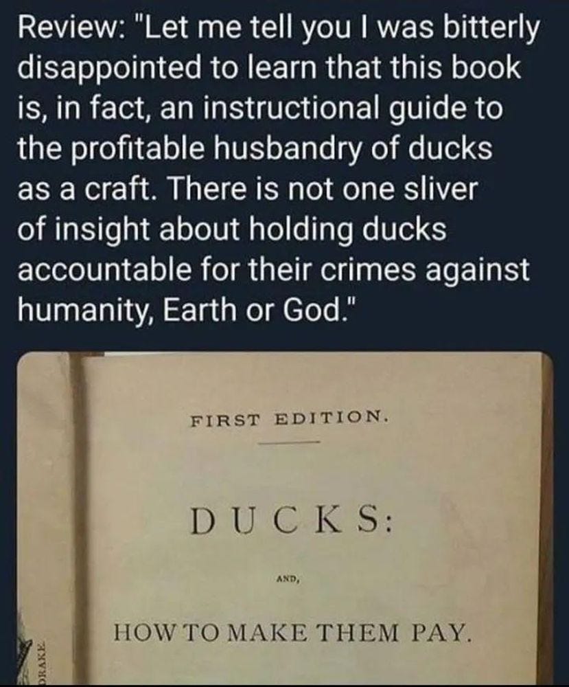 Review: let me tell you that I wad bitterly disappointed to learn that this book is, in fact, an instructional guide to the profitable husbandry of ducks as a craft. There is not one sliver of insight about holding ducks accountable for their crimes against humanity, earth or god