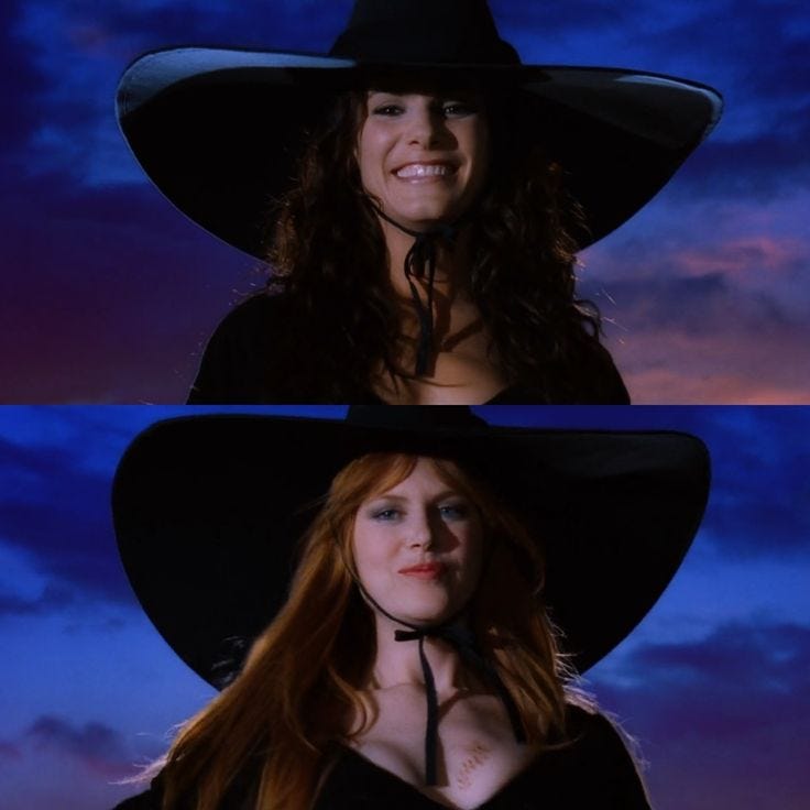 This may contain: two photos of a woman wearing a cowboy hat and black dress with long red hair