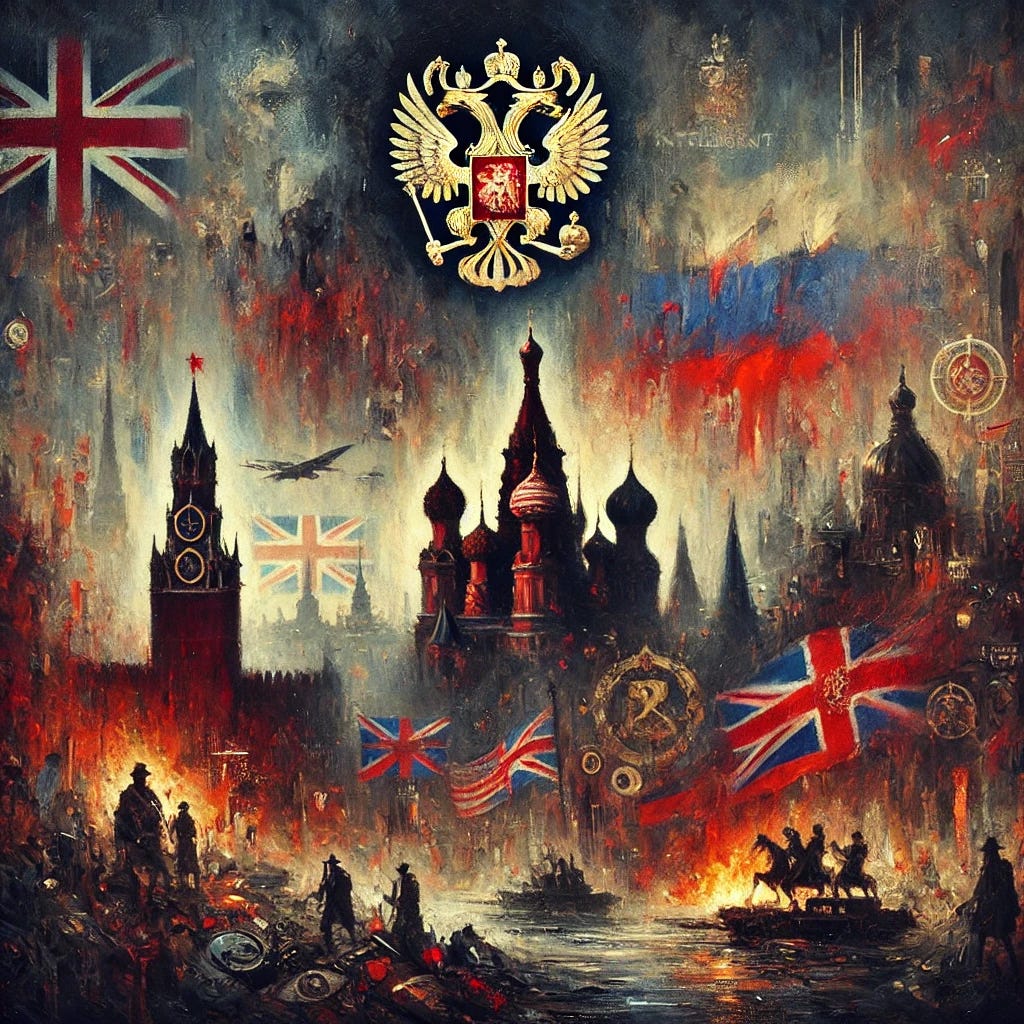 An abstract oil painting representing British intelligence influence over the Russian Revolution. In the foreground, dark shadows and faint symbols suggest hidden power, with hints of a British coat of arms obscured in the shadows. The middle ground shows chaotic red and gold banners, broken symbols of Russian power, and subtle flames representing upheaval. In the misty background, a blend of London and St. Petersburg architecture fades into each other, symbolizing covert British influence on Russian soil. The color palette is intense with deep reds, blacks, and dark golds, evoking a sense of hidden manipulation and conflict.