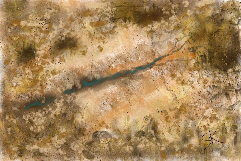 Painting by Sherry Killam Arts of a trickle of green water in a bare desert landscape.
