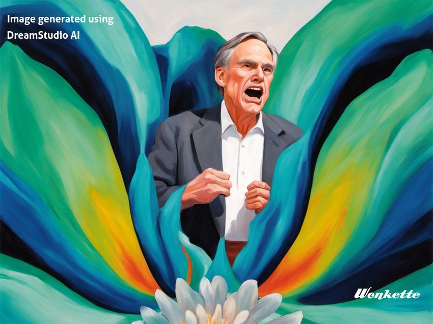 An AI- generated image depicting a screaming Gov. Greg Abbott being devoured by an enormous Georgia O'Keeffe style flower