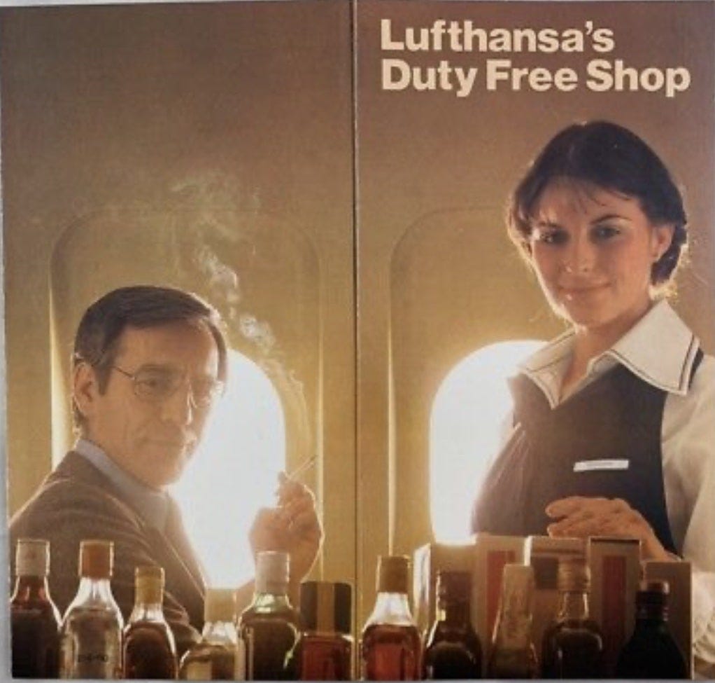 Retro picture of man smoking cigarette on Lufthansa